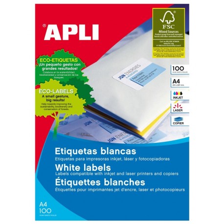 Apli caja 100 hojas etiquetas blancas adhesivas A4